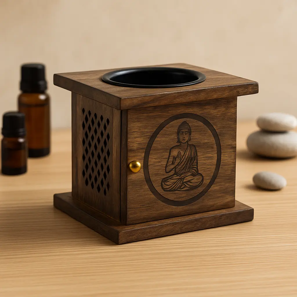 Caja grande de mango Buda en mesa minimalista