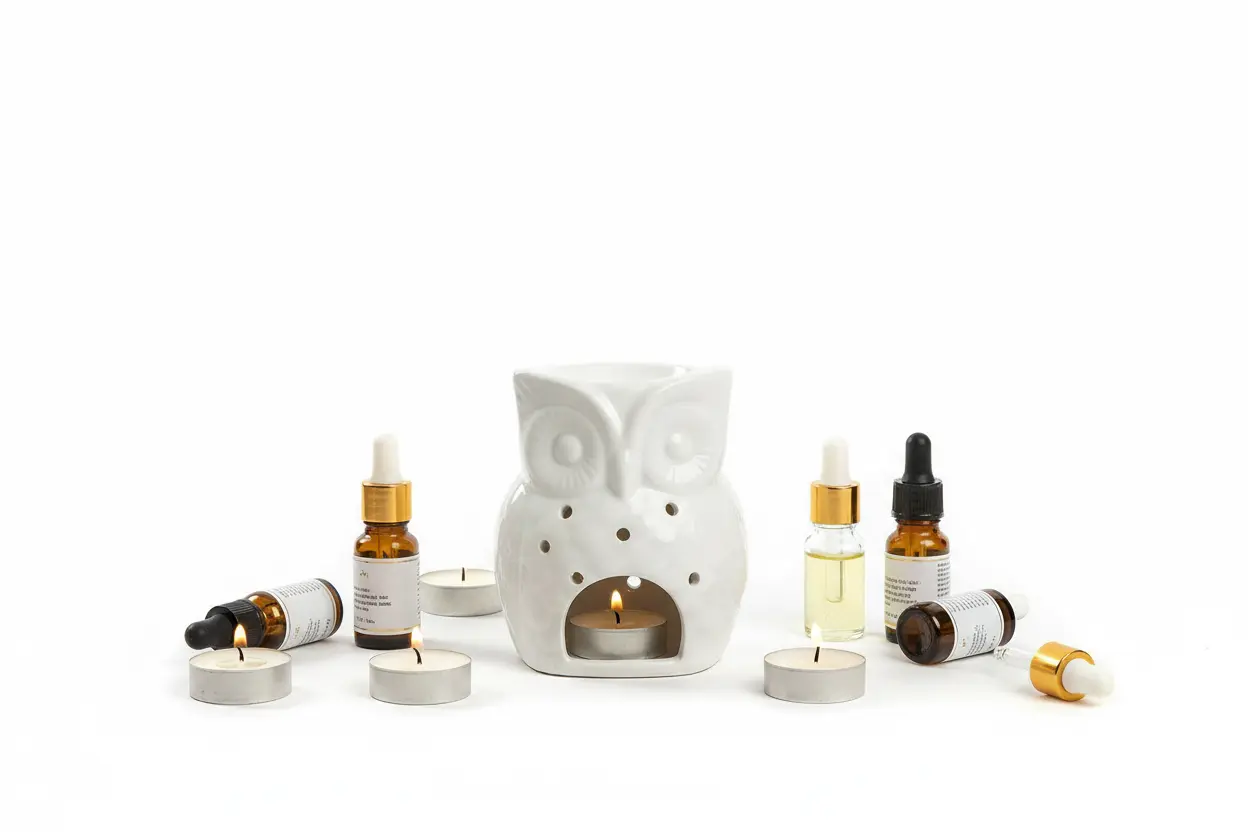 Búho blanco cerámico - fondo blanco neutro puro