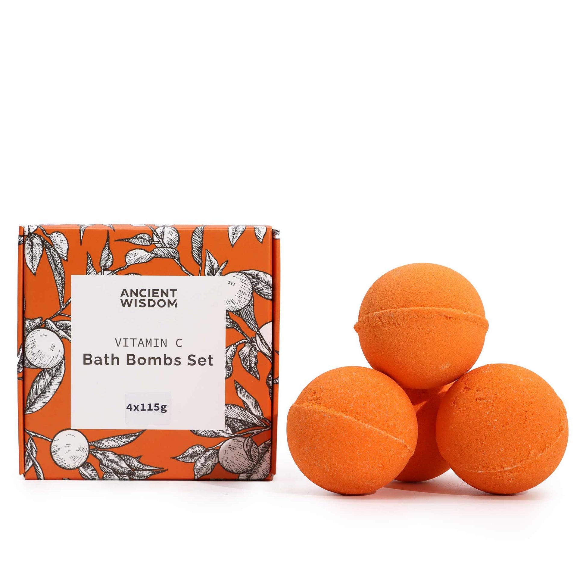 Set de 4 bombas de baño con vitamina C para aromaterapia, en caja naranja con diseño floral; bombas efervescentes naranjas.