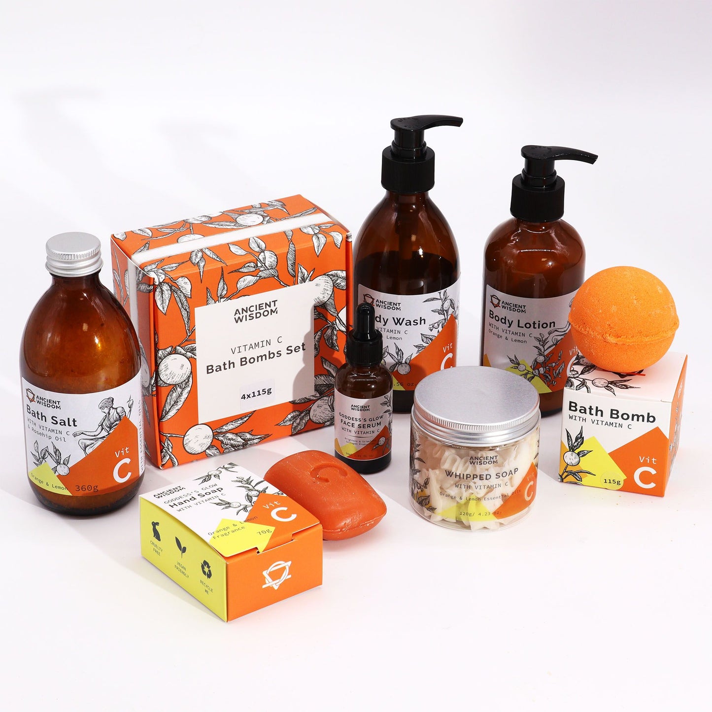 Conjunto de cuidado corporal con Vitamina C y aceites esenciales: jabón de manos, body wash, loción y bombas de baño.