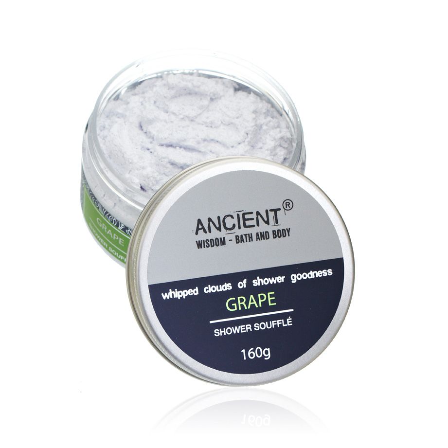 Soufflé de ducha 160 g sabor uva en tarro metálico, textura esponjosa, Ancient Wisdom.