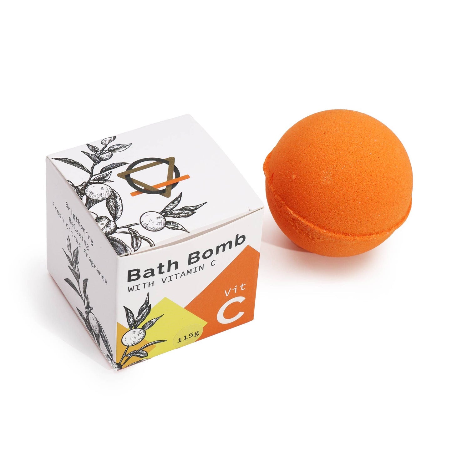 Bomba de baño naranja junto a caja blanca con diseño vegetal y Vitamina C.