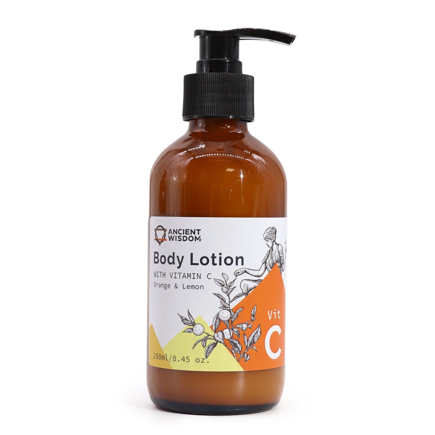 Loción corporal con Vitamina C, aroma a naranja y limón, en envase con dispensador.