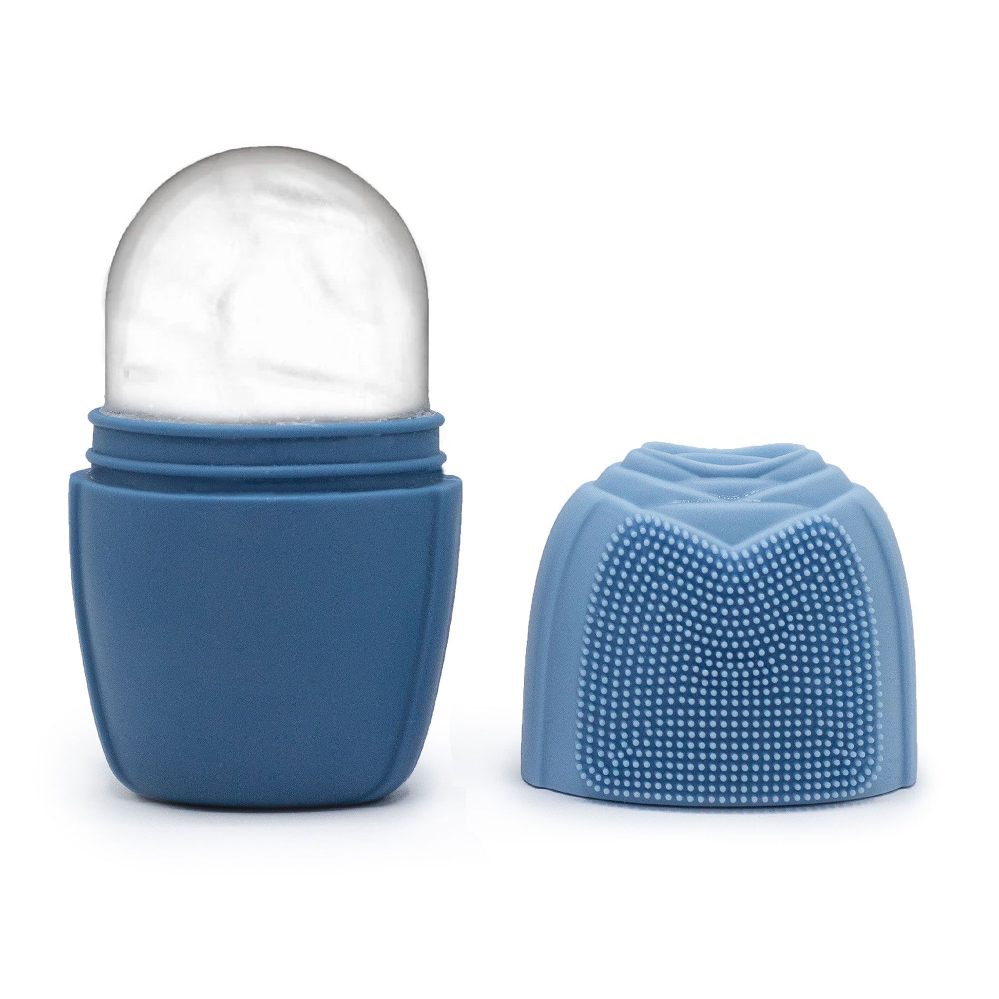 Rodillo facial de silicona azul con núcleo congelable; enfriamiento para activar la microcirculación y minimizar poros.