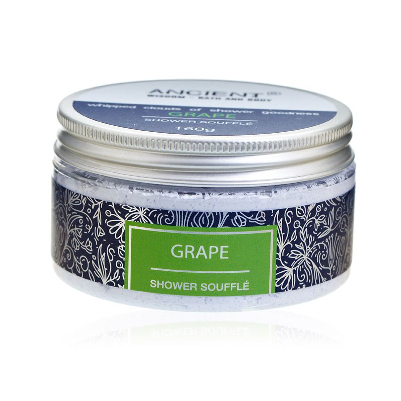 Soufflé de ducha uva 160 g en tarro con etiqueta verde GRAPE y diseño floral azul.