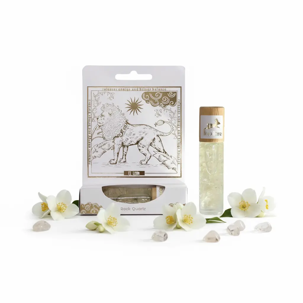 El León con jazmín y cuarzo cristal abajo - fondo blanco