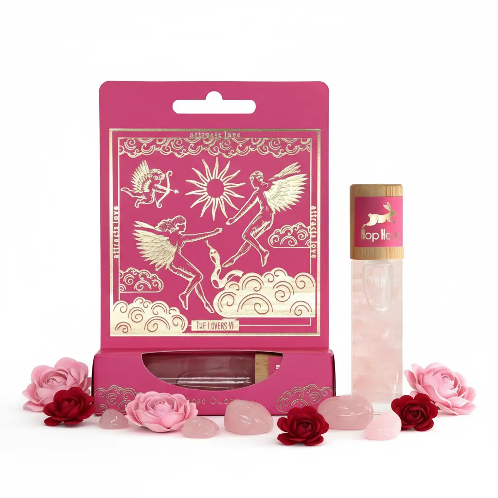 Los Amantes con cuarzo rosa, flores y caja - fondo blanco