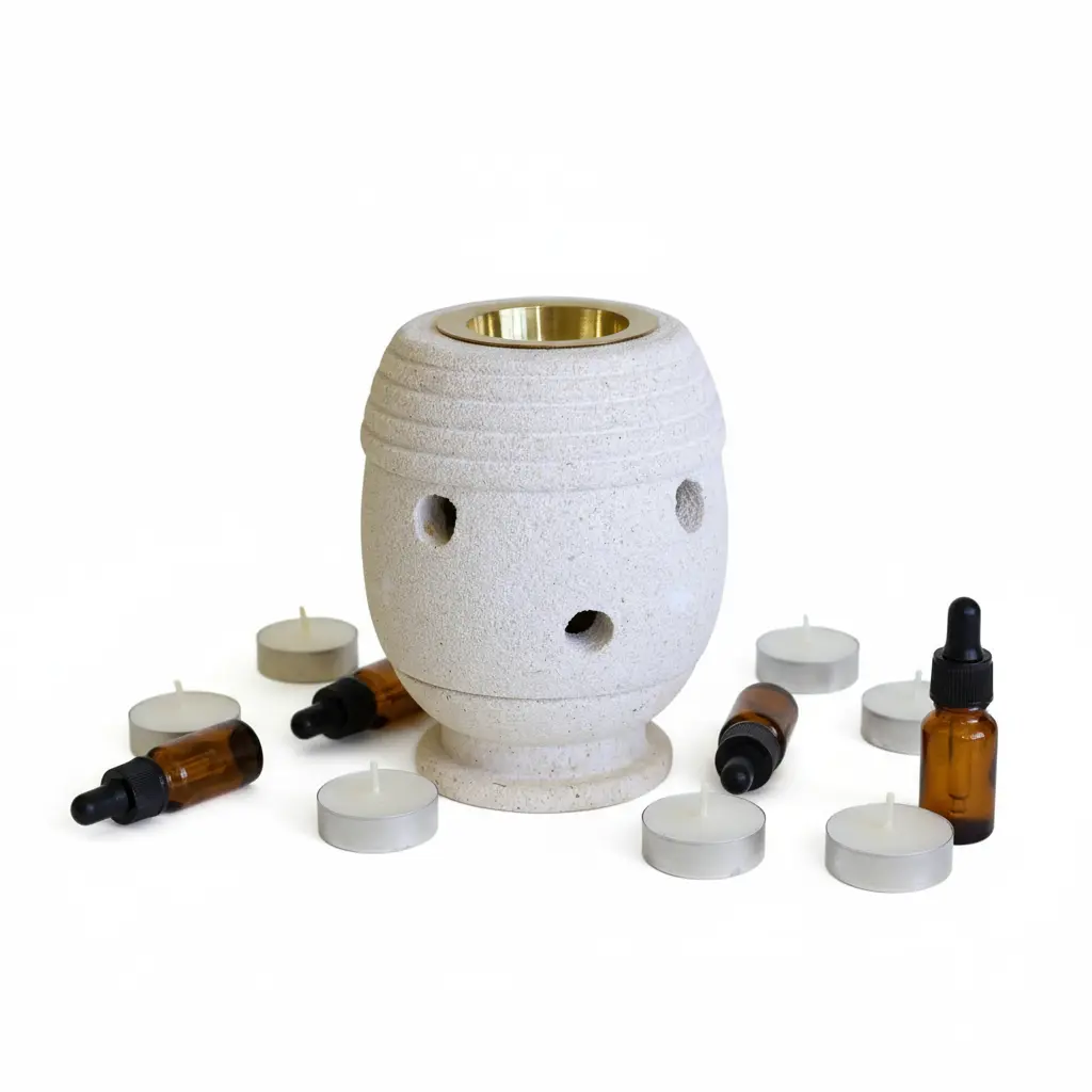 Quemador arenisca clásico original con velas y aceites - fondo blanco