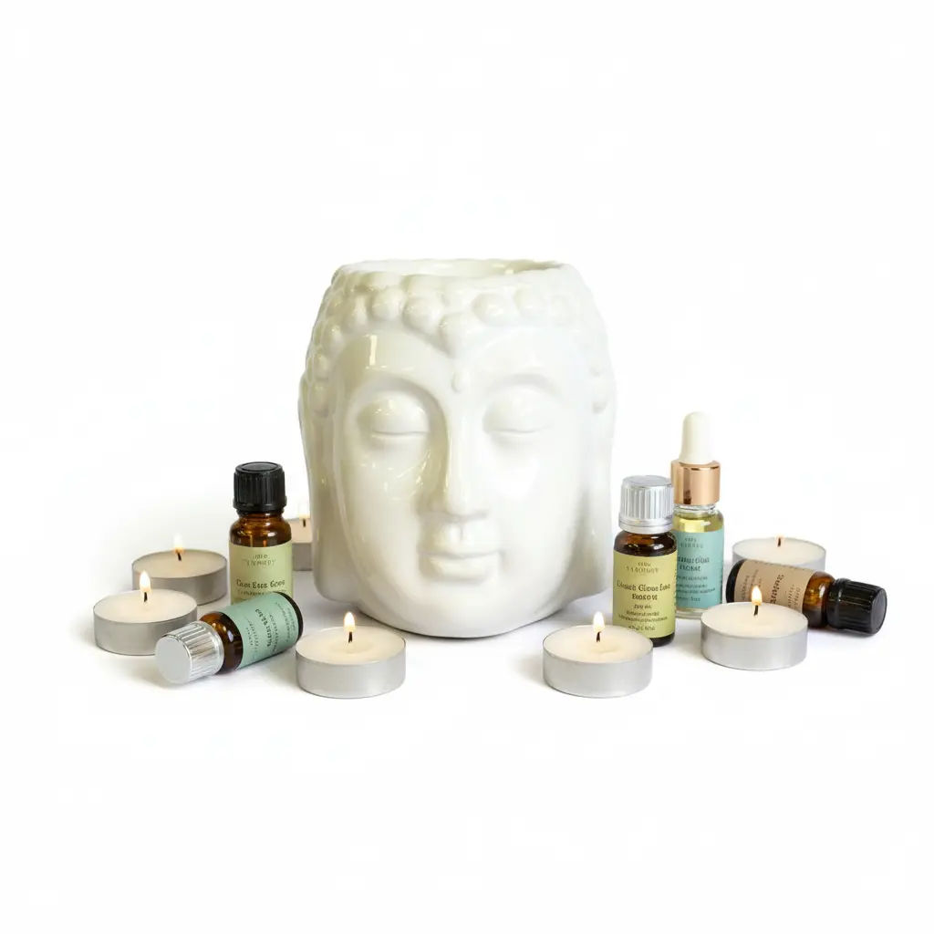 Quemador Buda blanco con velas y aceites - fondo blanco