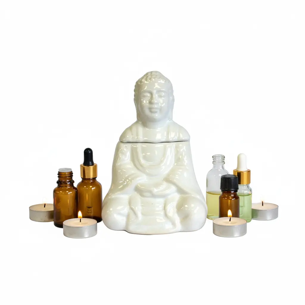 Quemador Buda sentado blanco frontal con velas y aceites - fondo blanco