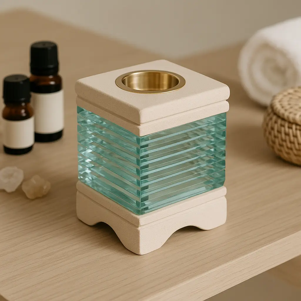 Quemador con vidrio en mesa minimalista