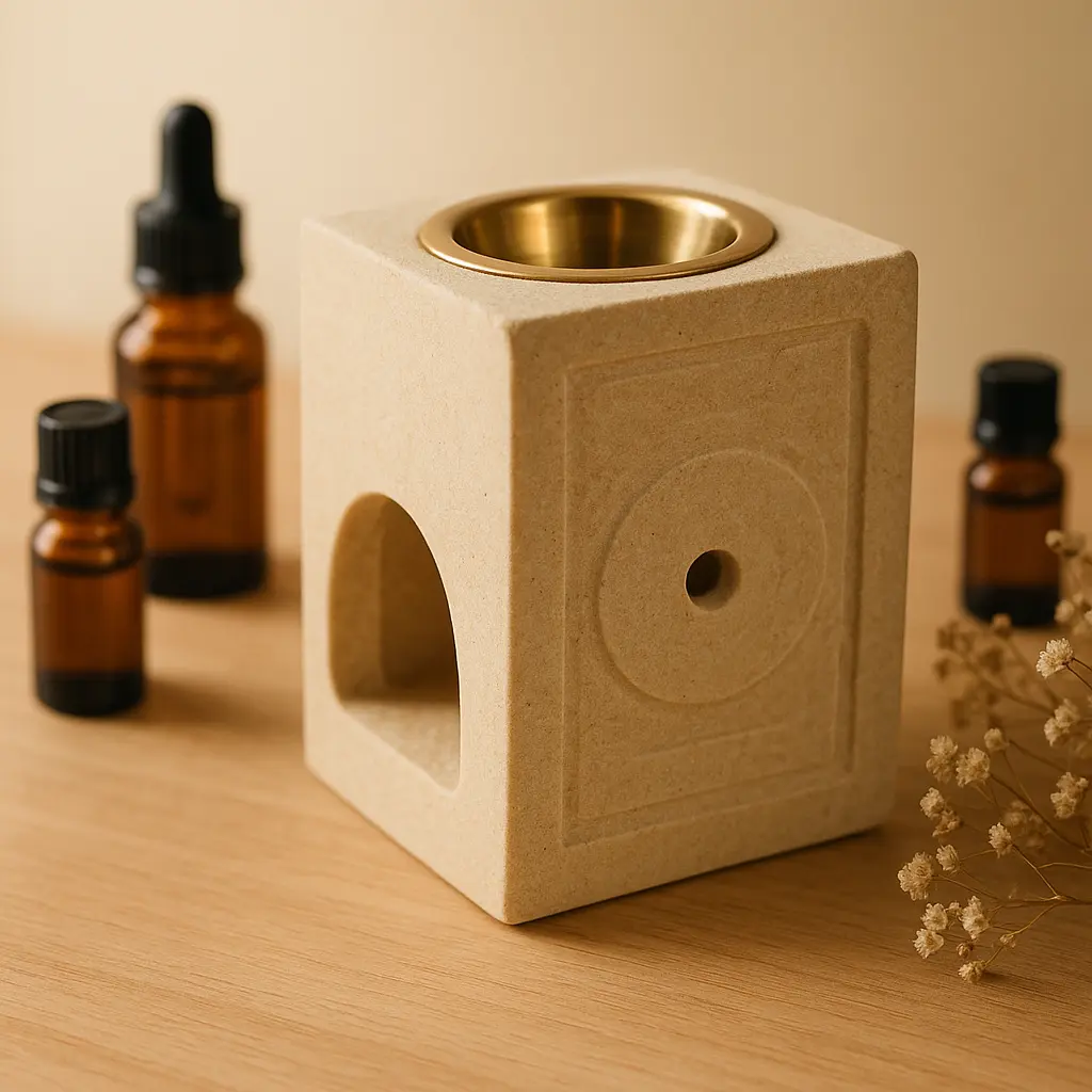 Quemador de piedra en mesa de madera