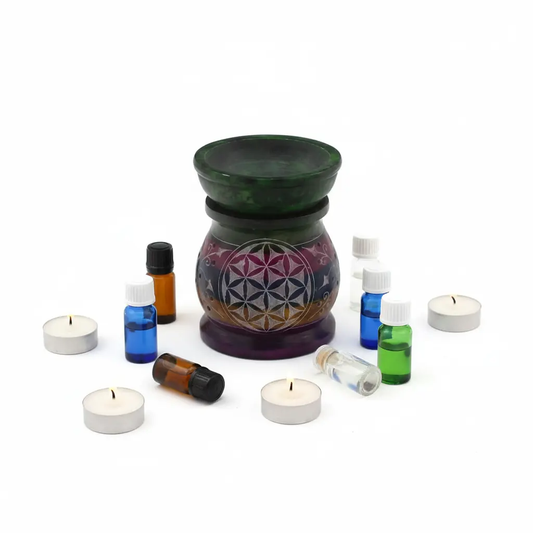 Quemador esteatita Flor de la Vida con velas y aceites - fondo blanco