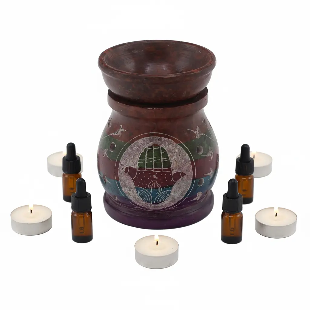 Quemador esteatita Hamsa con velas y aceites - fondo blanco